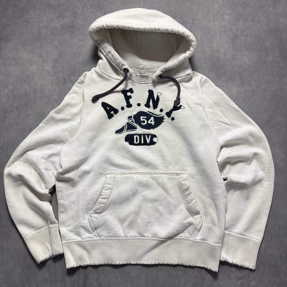 Abercrombie & Fitch Hoodie Mens L White Good Distressed Y2K Varsity Muscle Fit